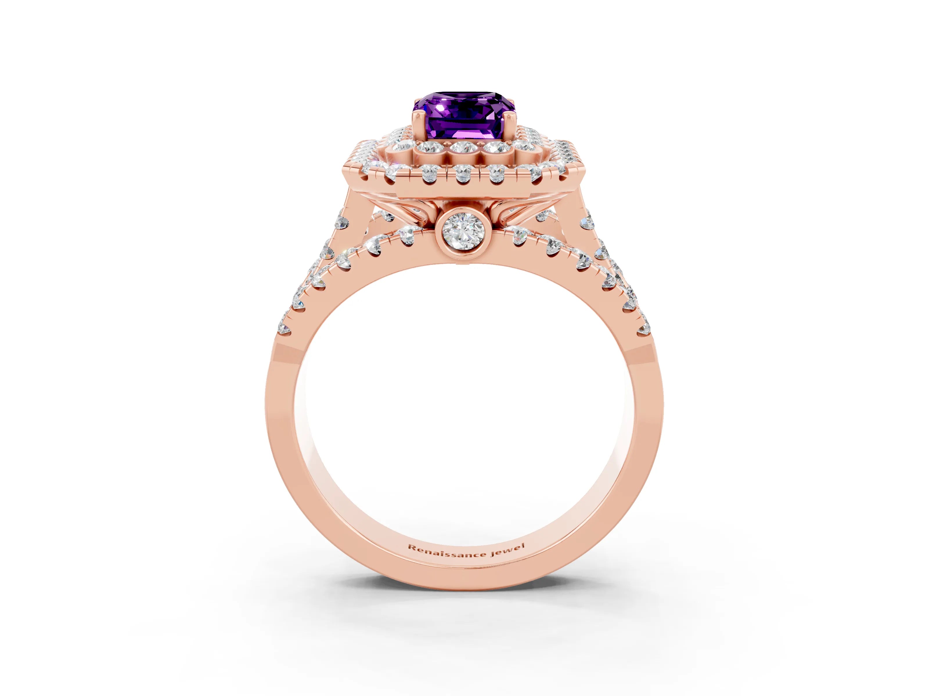 Rose gold Double Halo Emerald Cut Diamond Split Shank Pave Set Ring_3