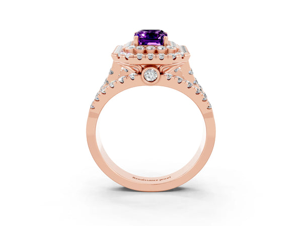 Rose gold Emerald Cut Amethyst Double Halo Ring with Round Pavé Split Shank and Prong Setting