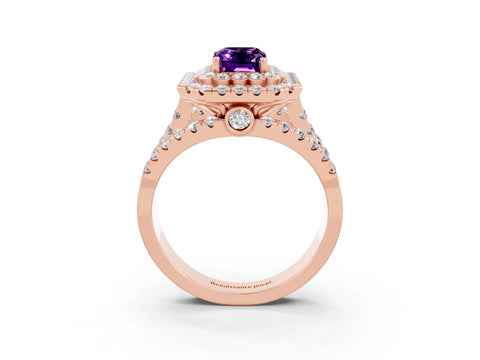 Rose gold Double Halo Emerald Cut Diamond Split Shank Pave Set Ring_3