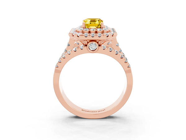 Rose gold Emerald Cut Yellow Sapphire Double Halo Ring with Round Pavé Split Shank and Prong Setting