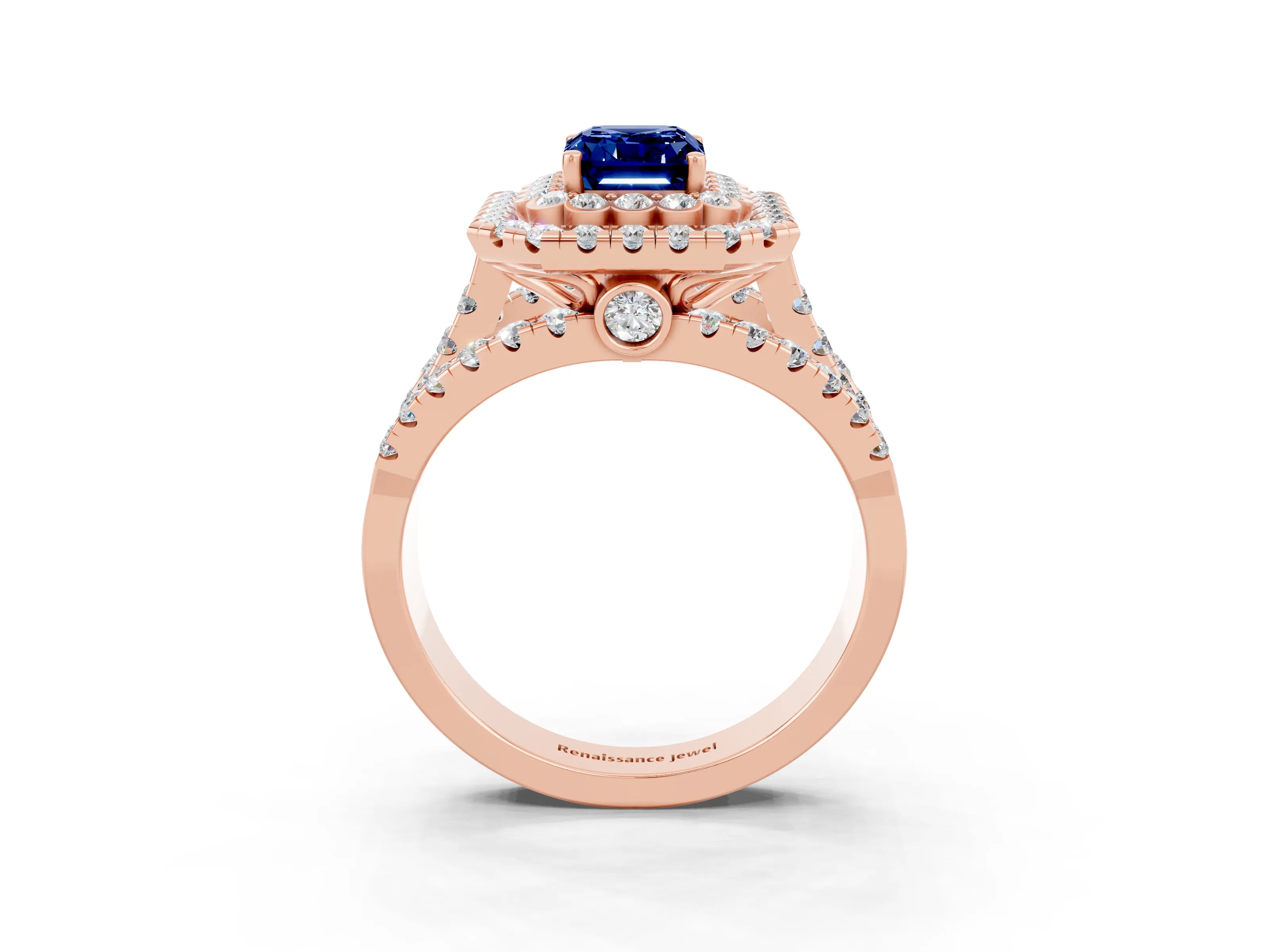 Rose gold Double Halo Emerald Cut Diamond Split Shank Pave Set Ring_3