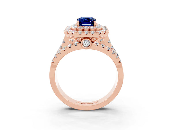 Rose gold Emerald Cut Blue Sapphire Double Halo Ring with Round Pavé Split Shank and Prong Setting