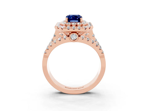 Rose gold Double Halo Emerald Cut Diamond Split Shank Pave Set Ring_3