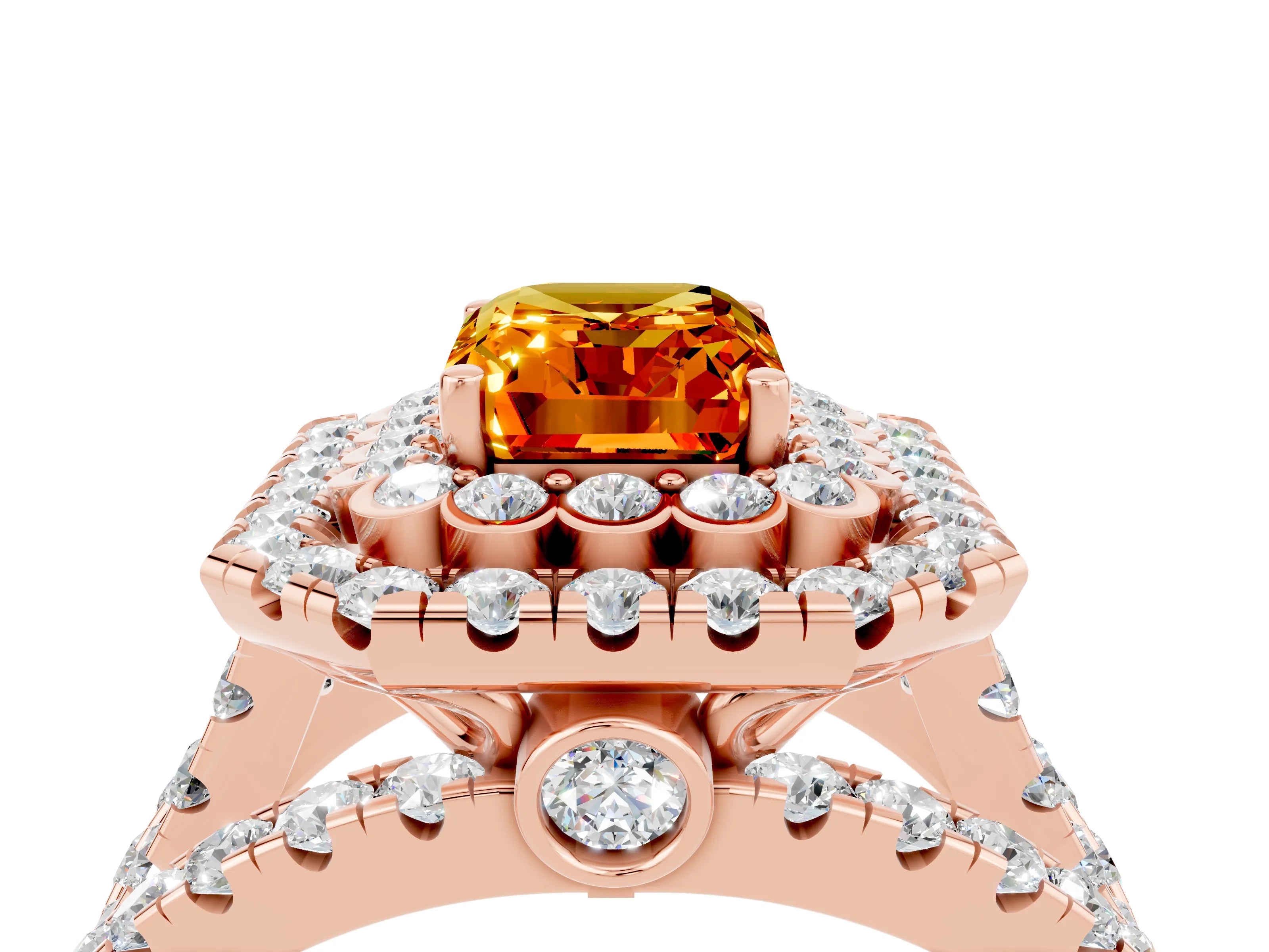 Rose gold Double Halo Emerald Cut Diamond Split Shank Pave Set Ring_4