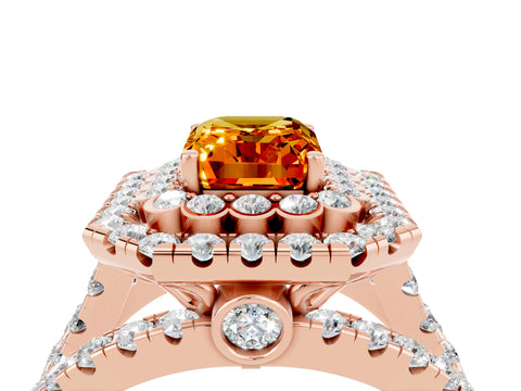 Rose gold Double Halo Emerald Cut Diamond Split Shank Pave Set Ring_4