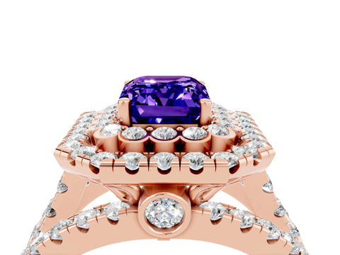 Rose gold Double Halo Emerald Cut Diamond Split Shank Pave Set Ring_4