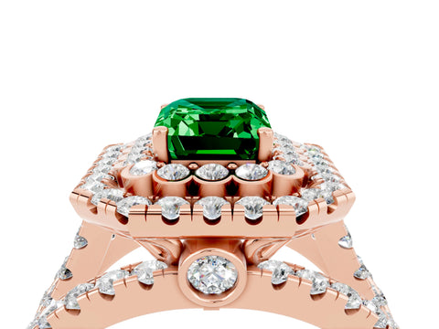 Rose gold Double Halo Emerald Cut Diamond Split Shank Pave Set Ring_4