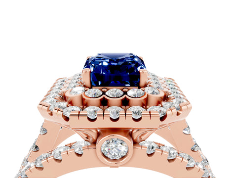 Rose gold Double Halo Emerald Cut Diamond Split Shank Pave Set Ring_4