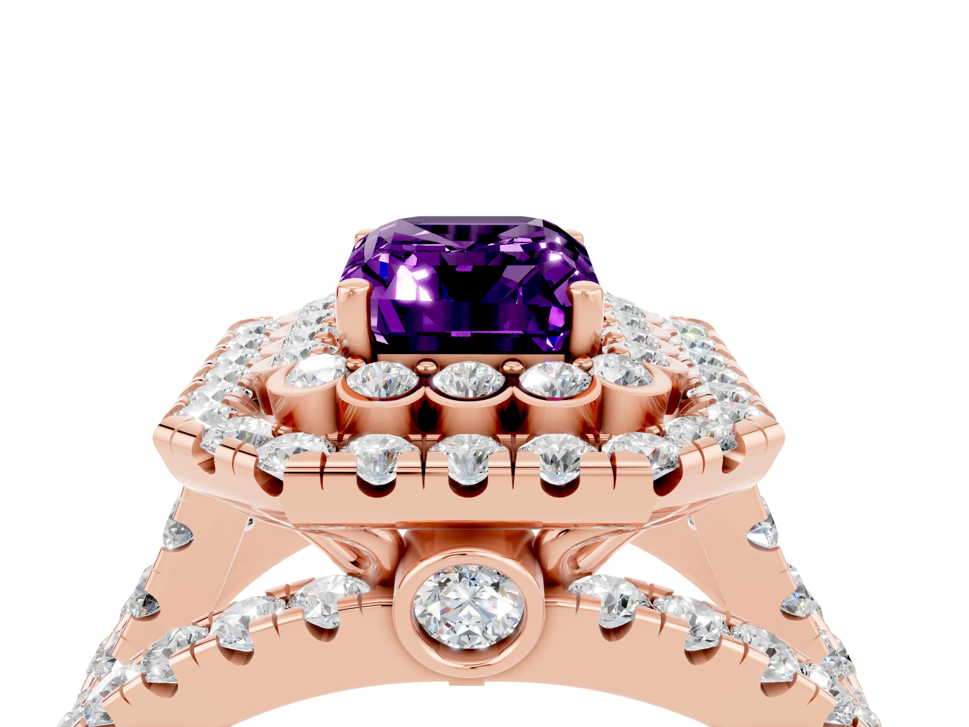 Rose gold Double Halo Emerald Cut Diamond Split Shank Pave Set Ring_4