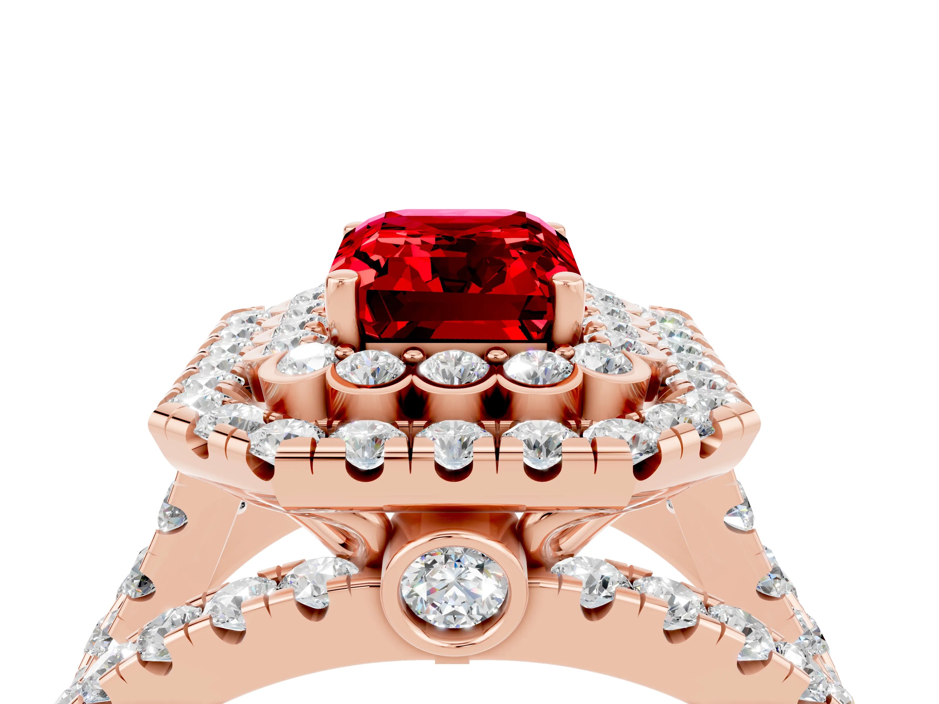 Rose gold Double Halo Emerald Cut Diamond Split Shank Pave Set Ring_4