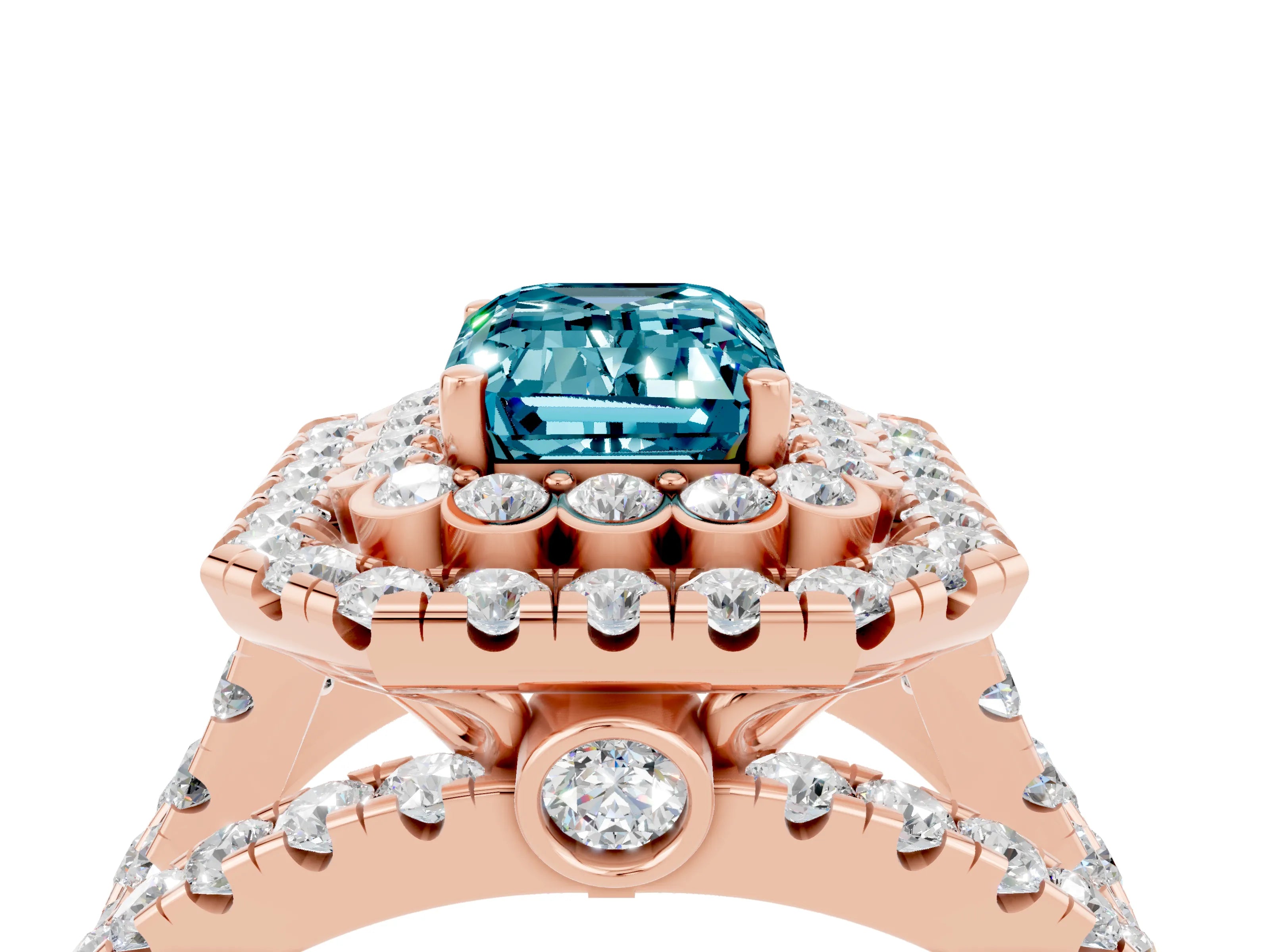 Rose gold Double Halo Emerald Cut Diamond Split Shank Pave Set Ring_4