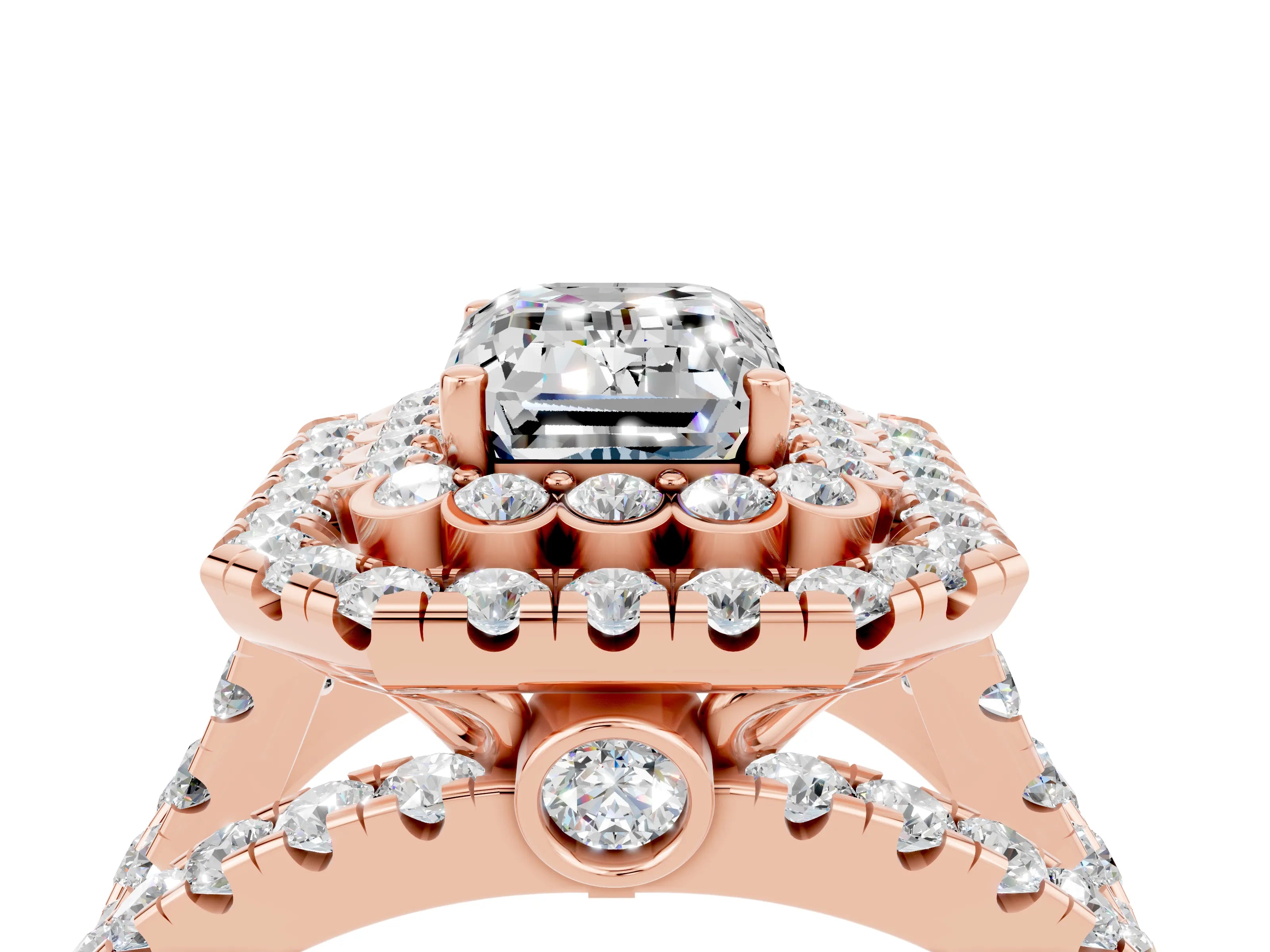 Rose gold Double Halo Emerald Cut Diamond Split Shank Pave Set Ring_4