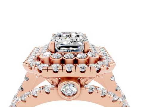 Rose gold Double Halo Emerald Cut Diamond Split Shank Pave Set Ring_4