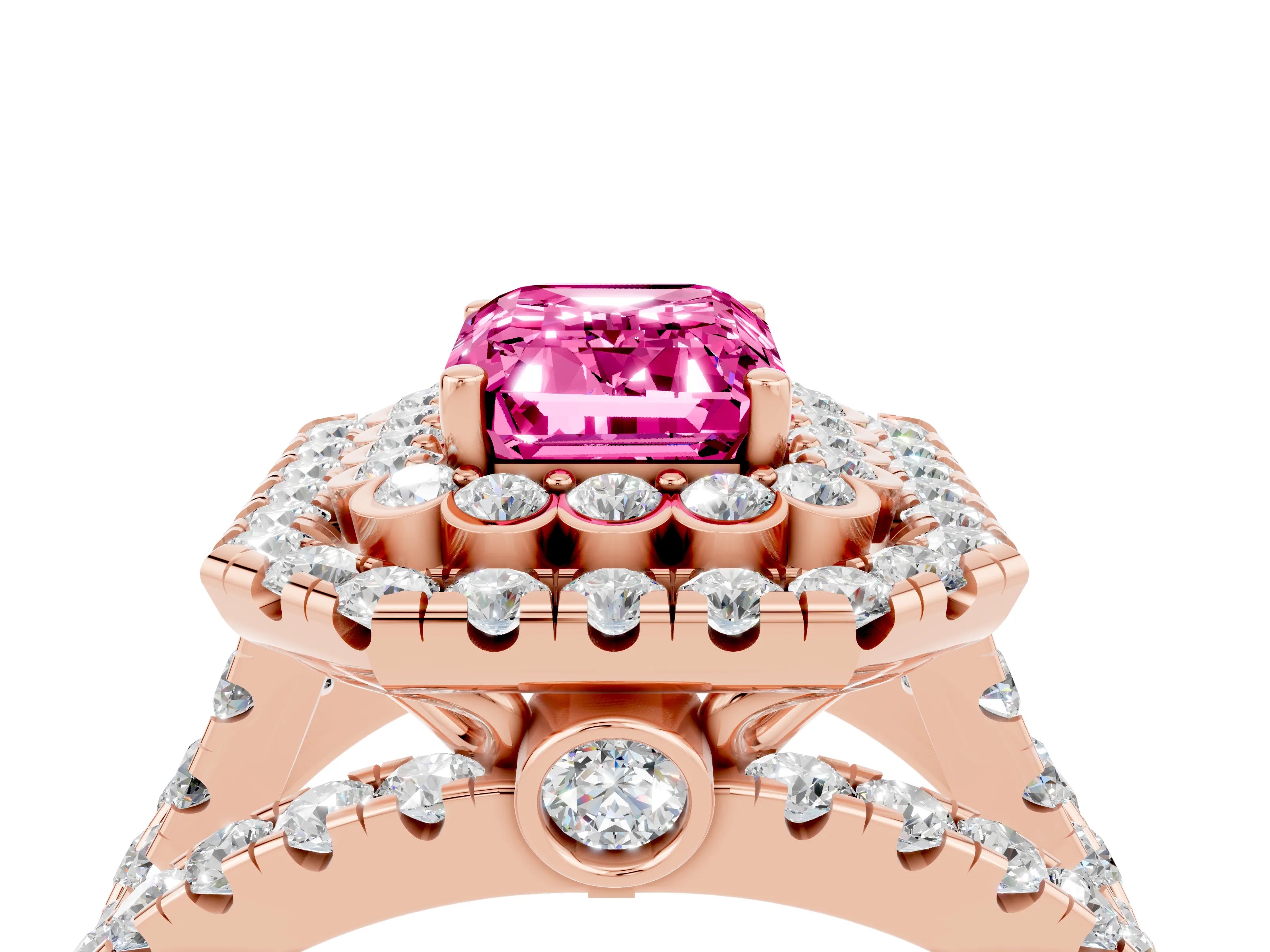 Rose gold Double Halo Emerald Cut Diamond Split Shank Pave Set Ring_4