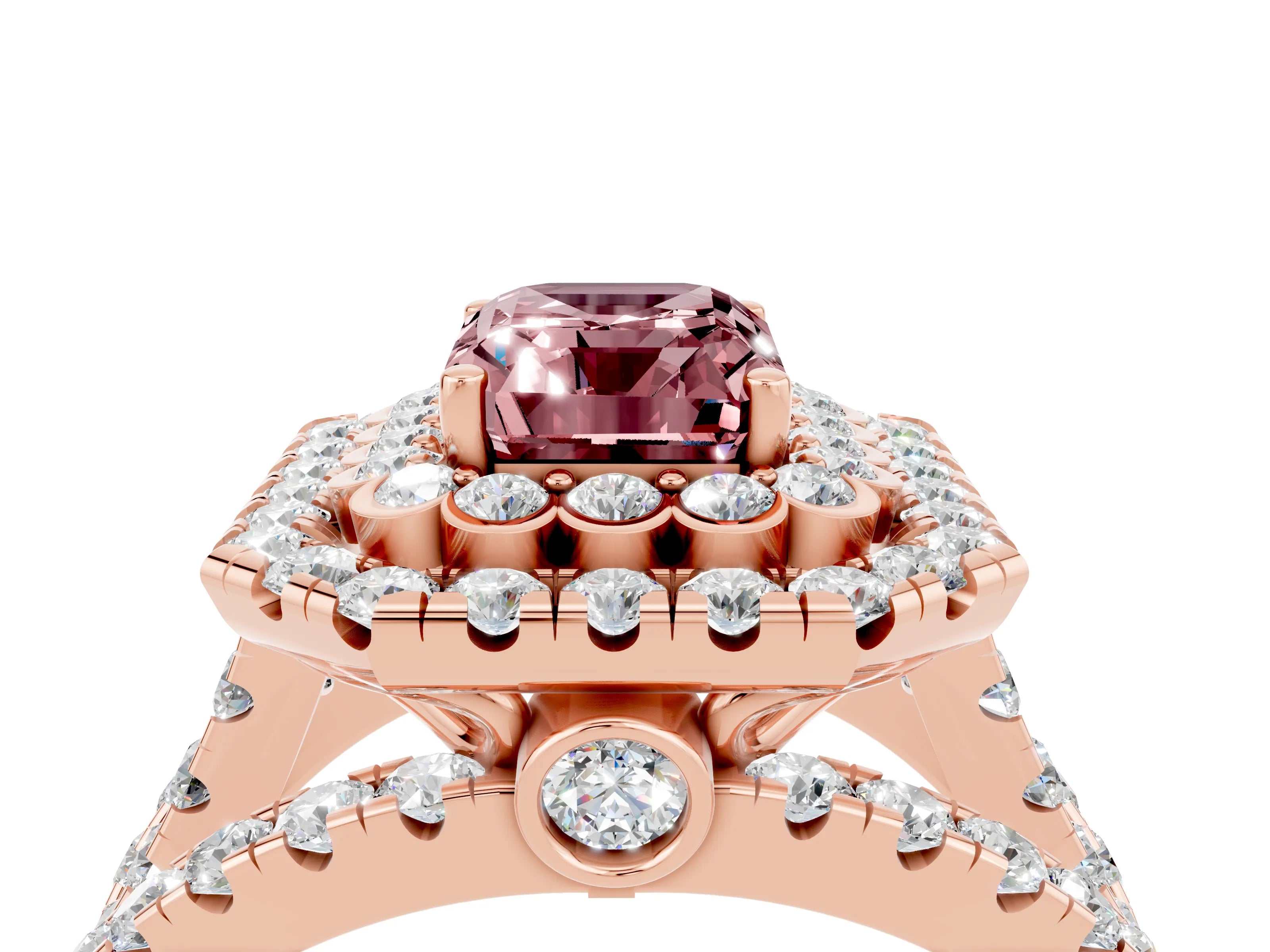 Rose gold Double Halo Emerald Cut Diamond Split Shank Pave Set Ring_4