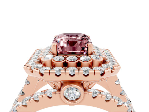 Rose gold Double Halo Emerald Cut Diamond Split Shank Pave Set Ring_4