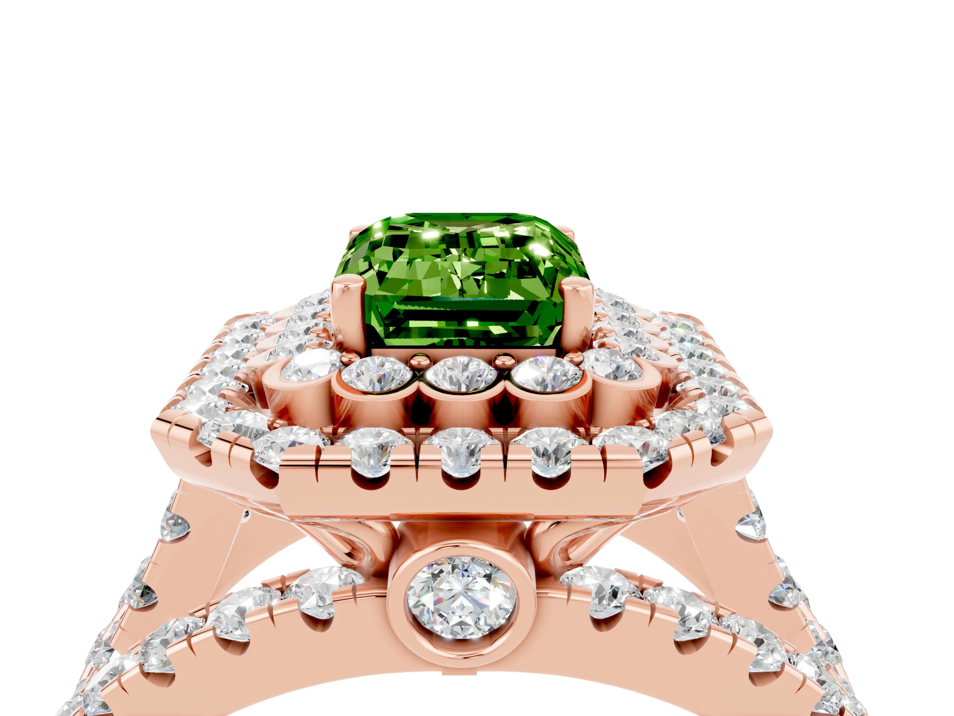 Rose gold Double Halo Emerald Cut Diamond Split Shank Pave Set Ring_4