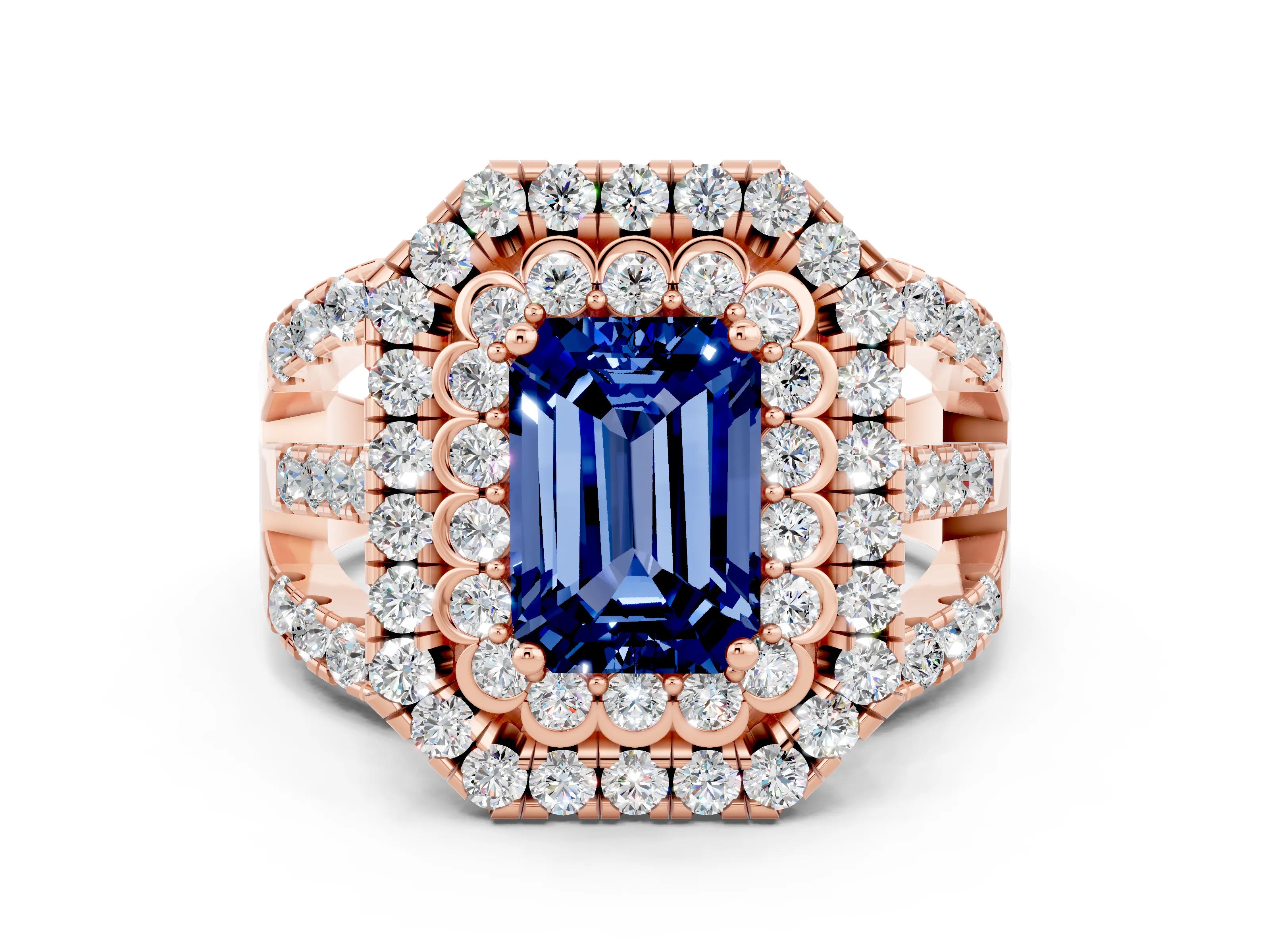 Rose gold Double Halo Emerald Cut Diamond Split Shank Pave Set Ring