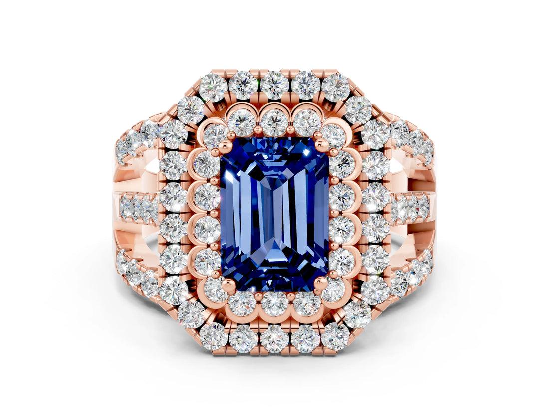 Rose gold Double Halo Emerald Cut Diamond Split Shank Pave Set Ring