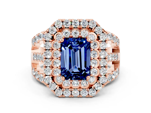 Rose gold Emerald Cut Blue Sapphire Double Halo Ring with Round Pavé Split Shank and Prong Setting