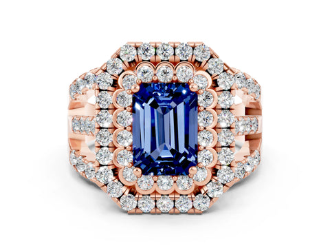 Rose gold Double Halo Emerald Cut Diamond Split Shank Pave Set Ring