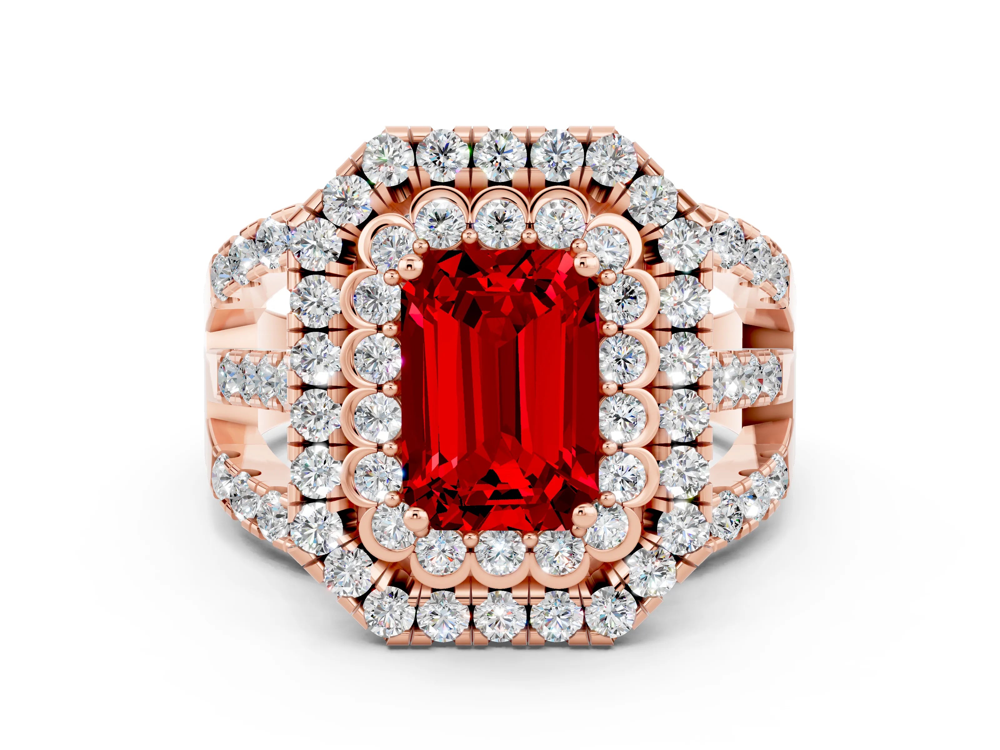 Rose gold Double Halo Emerald Cut Diamond Split Shank Pave Set Ring