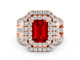 Rose gold Double Halo Emerald Cut Diamond Split Shank Pave Set Ring