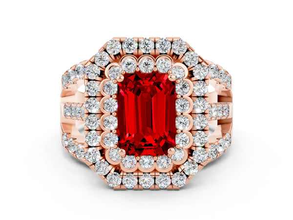 Rose gold Double Halo Emerald Cut Diamond Split Shank Pave Set Ring