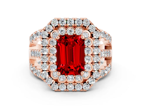Rose gold Double Halo Emerald Cut Diamond Split Shank Pave Set Ring