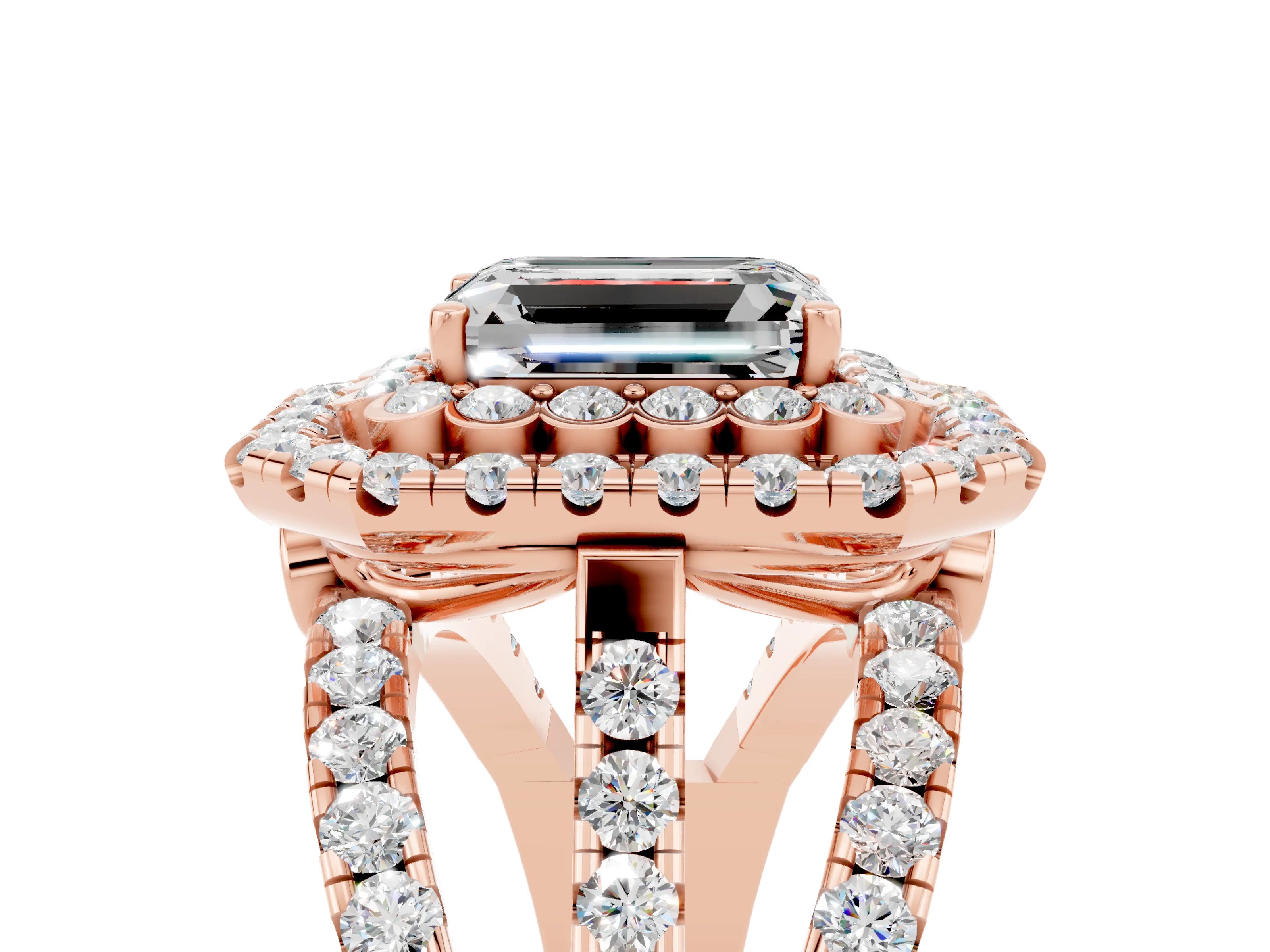 Rose gold Double Halo Emerald Cut Diamond Split Shank Pave Set Ring_5