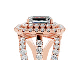 Rose gold Double Halo Emerald Cut Diamond Split Shank Pave Set Ring_5