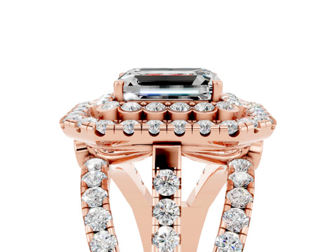 Rose gold Double Halo Emerald Cut Diamond Split Shank Pave Set Ring_5