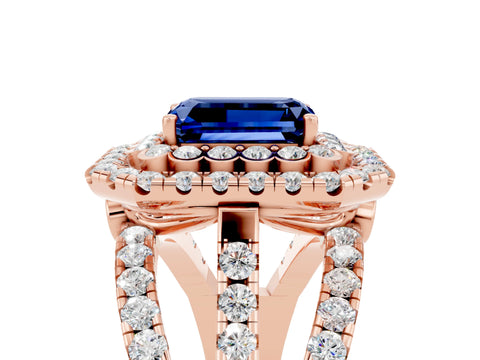 Rose gold Double Halo Emerald Cut Diamond Split Shank Pave Set Ring_5