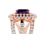 Rose gold Double Halo Emerald Cut Diamond Split Shank Pave Set Ring_5
