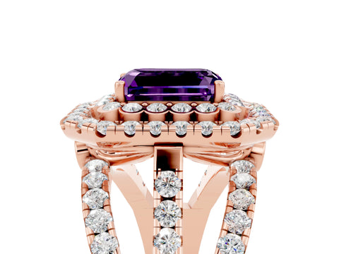 Rose gold Double Halo Emerald Cut Diamond Split Shank Pave Set Ring_5