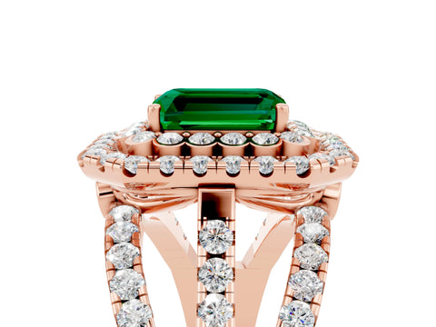 Rose gold Double Halo Emerald Cut Diamond Split Shank Pave Set Ring_5