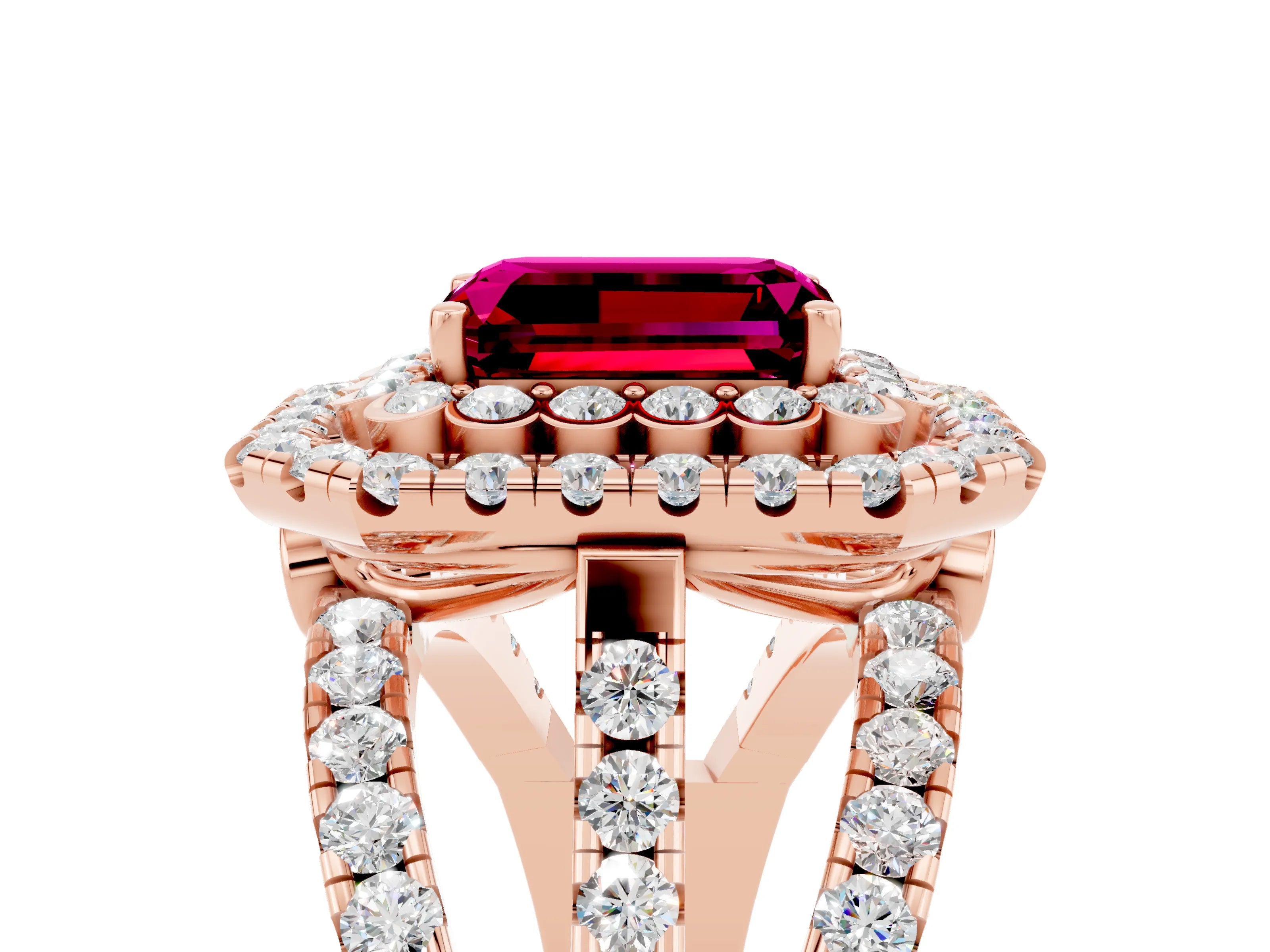 Rose gold Double Halo Emerald Cut Diamond Split Shank Pave Set Ring_5
