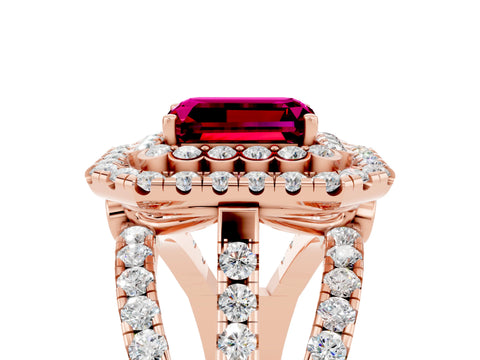 Rose gold Double Halo Emerald Cut Diamond Split Shank Pave Set Ring_5