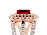 Rose gold Double Halo Emerald Cut Diamond Split Shank Pave Set Ring_5