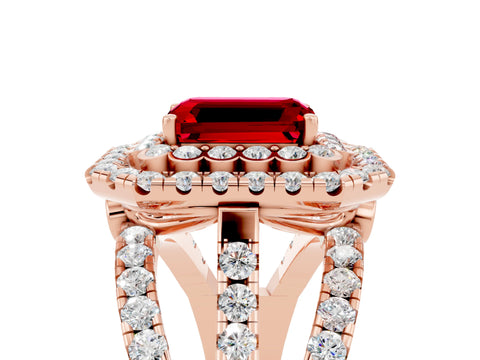 Rose gold Double Halo Emerald Cut Diamond Split Shank Pave Set Ring_5
