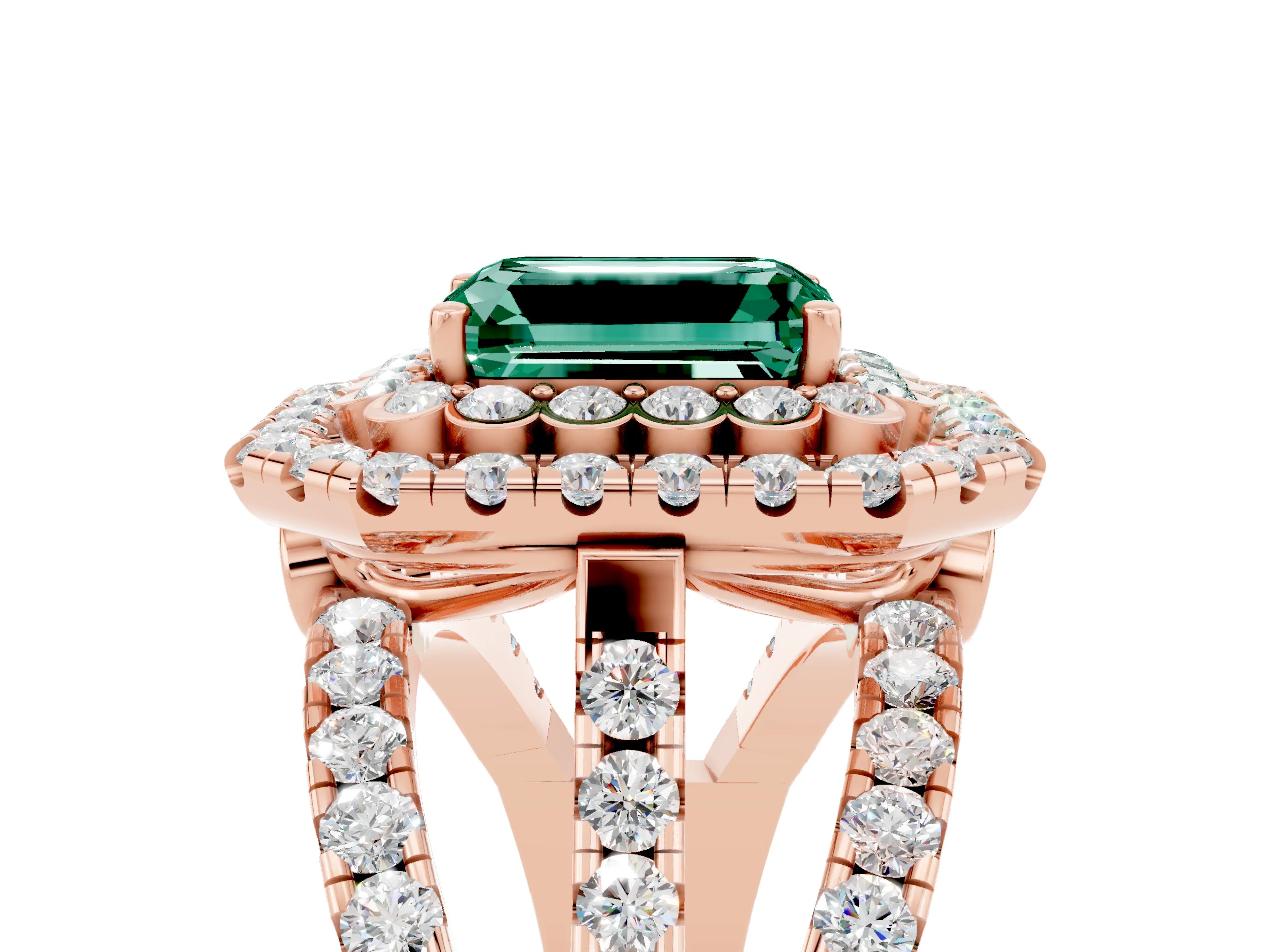 Rose gold Double Halo Emerald Cut Diamond Split Shank Pave Set Ring_5