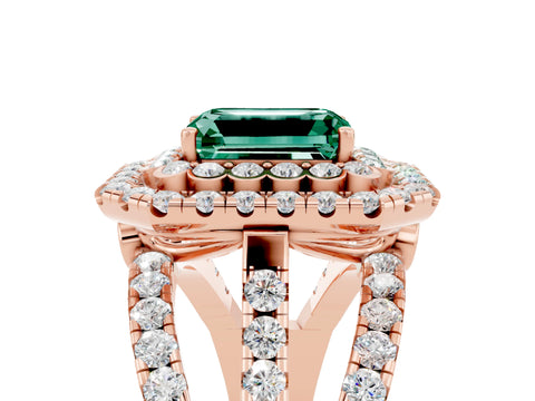Rose gold Double Halo Emerald Cut Diamond Split Shank Pave Set Ring_5