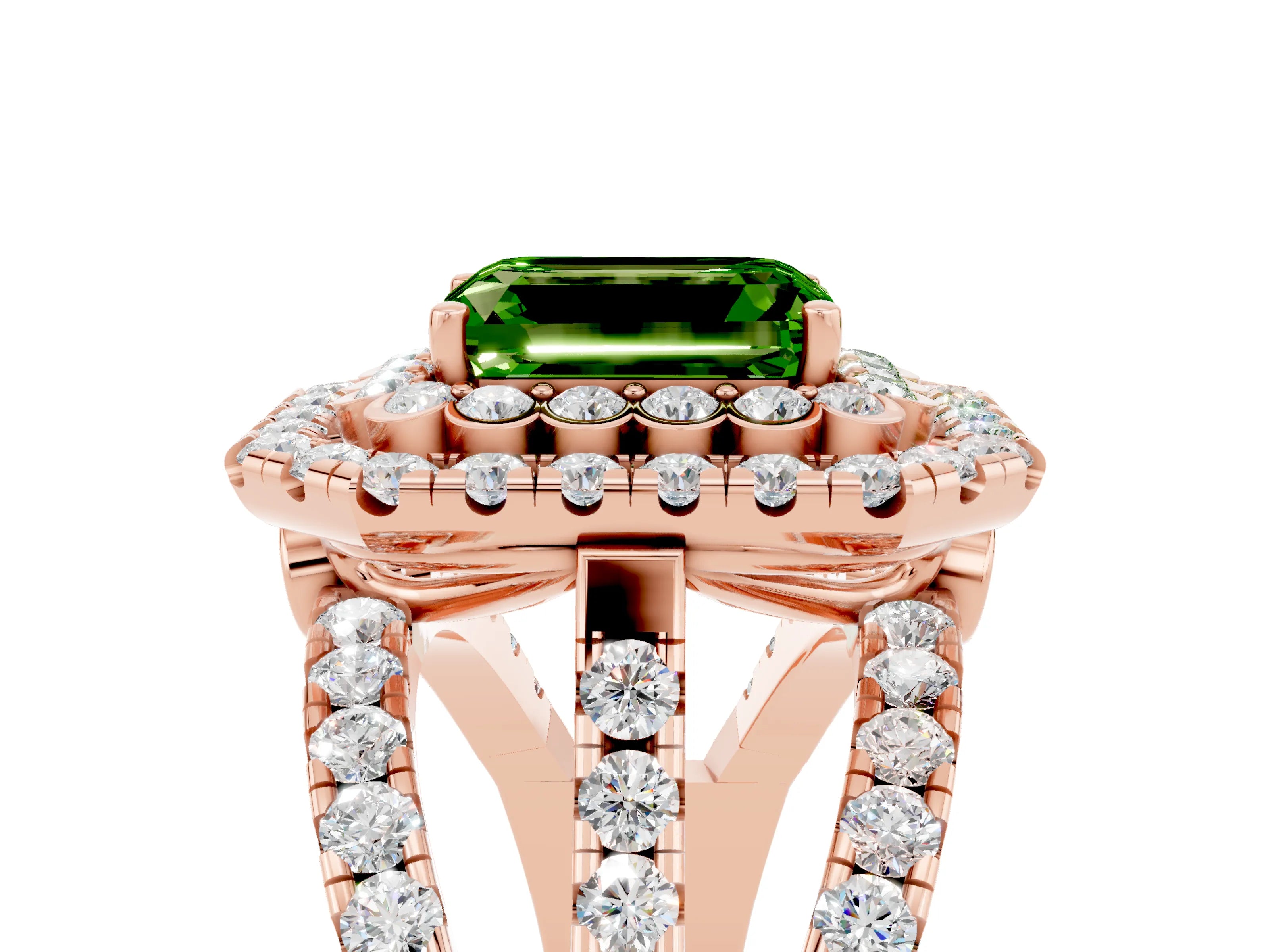 Rose gold Double Halo Emerald Cut Diamond Split Shank Pave Set Ring_5