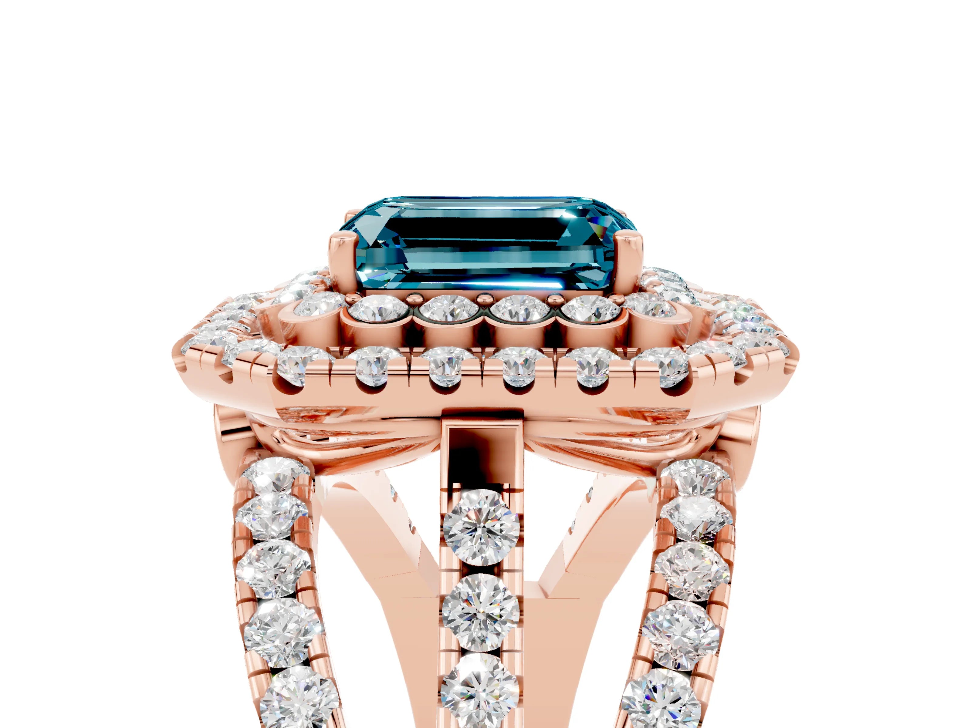 Rose gold Double Halo Emerald Cut Diamond Split Shank Pave Set Ring_5