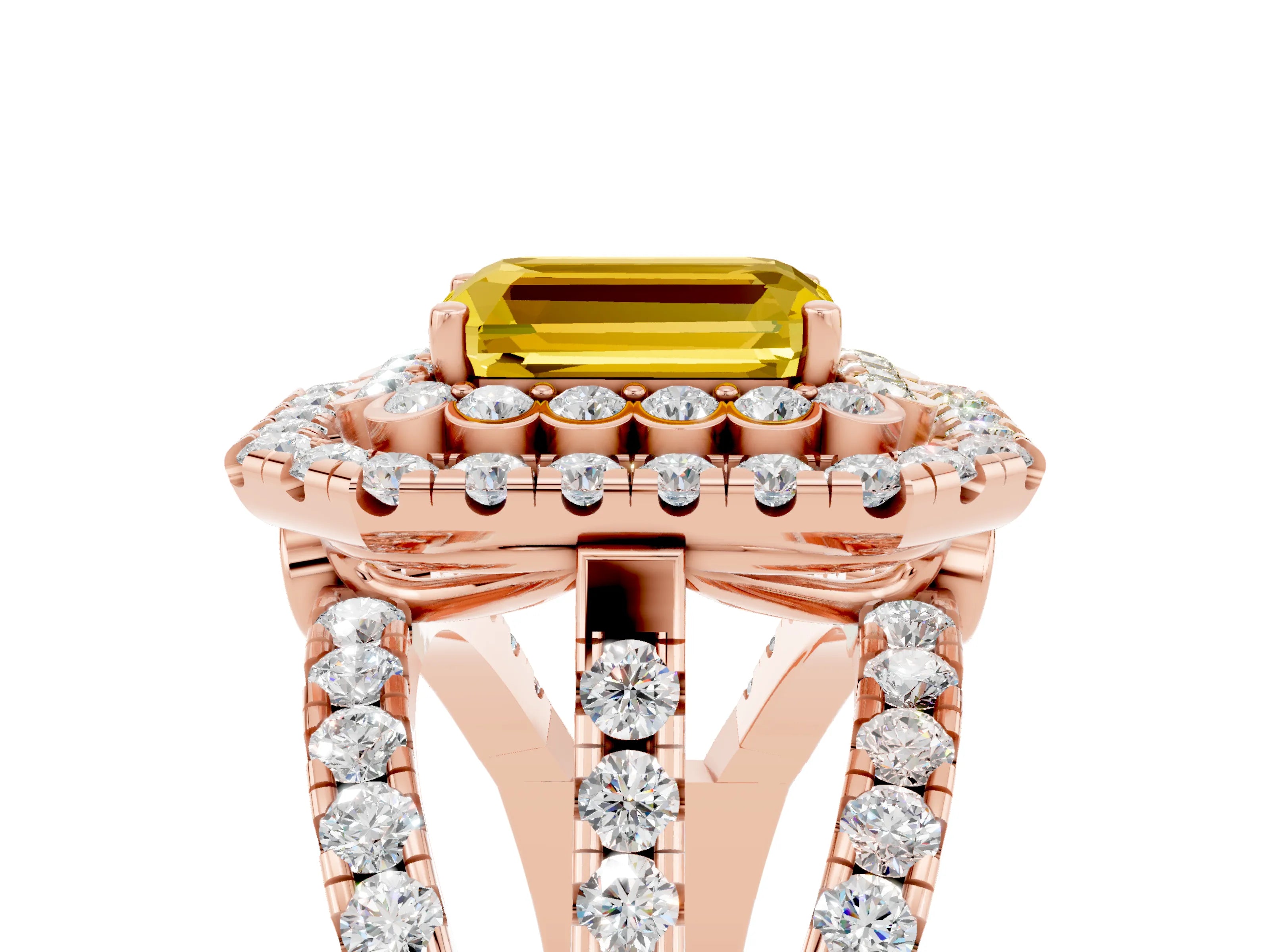 Rose gold Double Halo Emerald Cut Diamond Split Shank Pave Set Ring_5