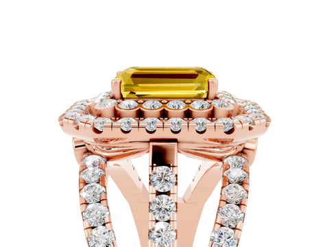Rose gold Double Halo Emerald Cut Diamond Split Shank Pave Set Ring_5
