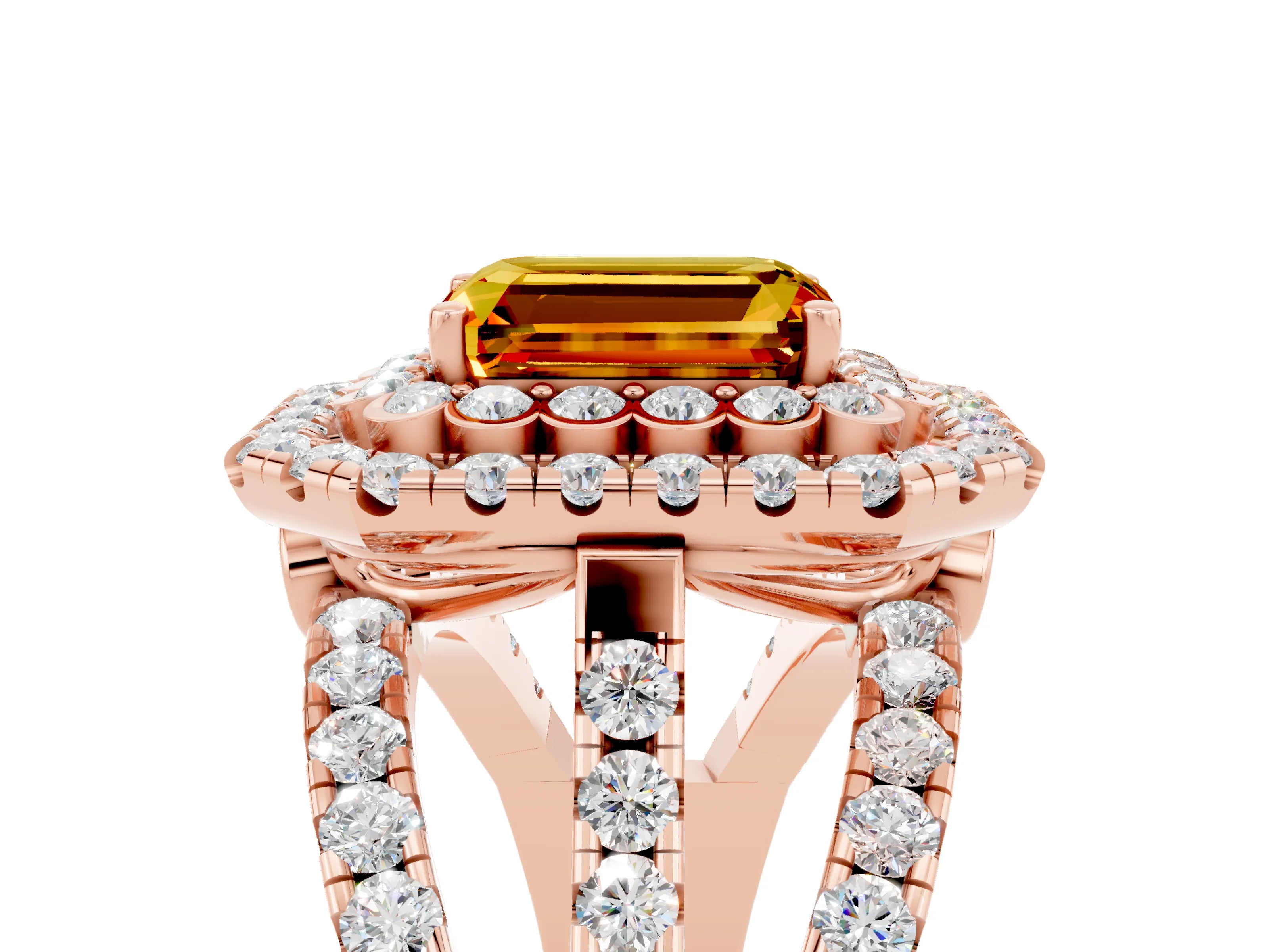 Rose gold Double Halo Emerald Cut Diamond Split Shank Pave Set Ring_5