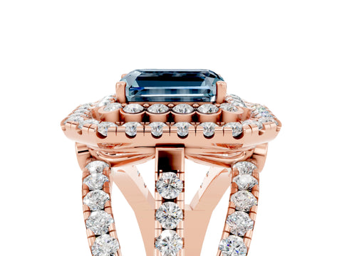 Rose gold Double Halo Emerald Cut Diamond Split Shank Pave Set Ring_5