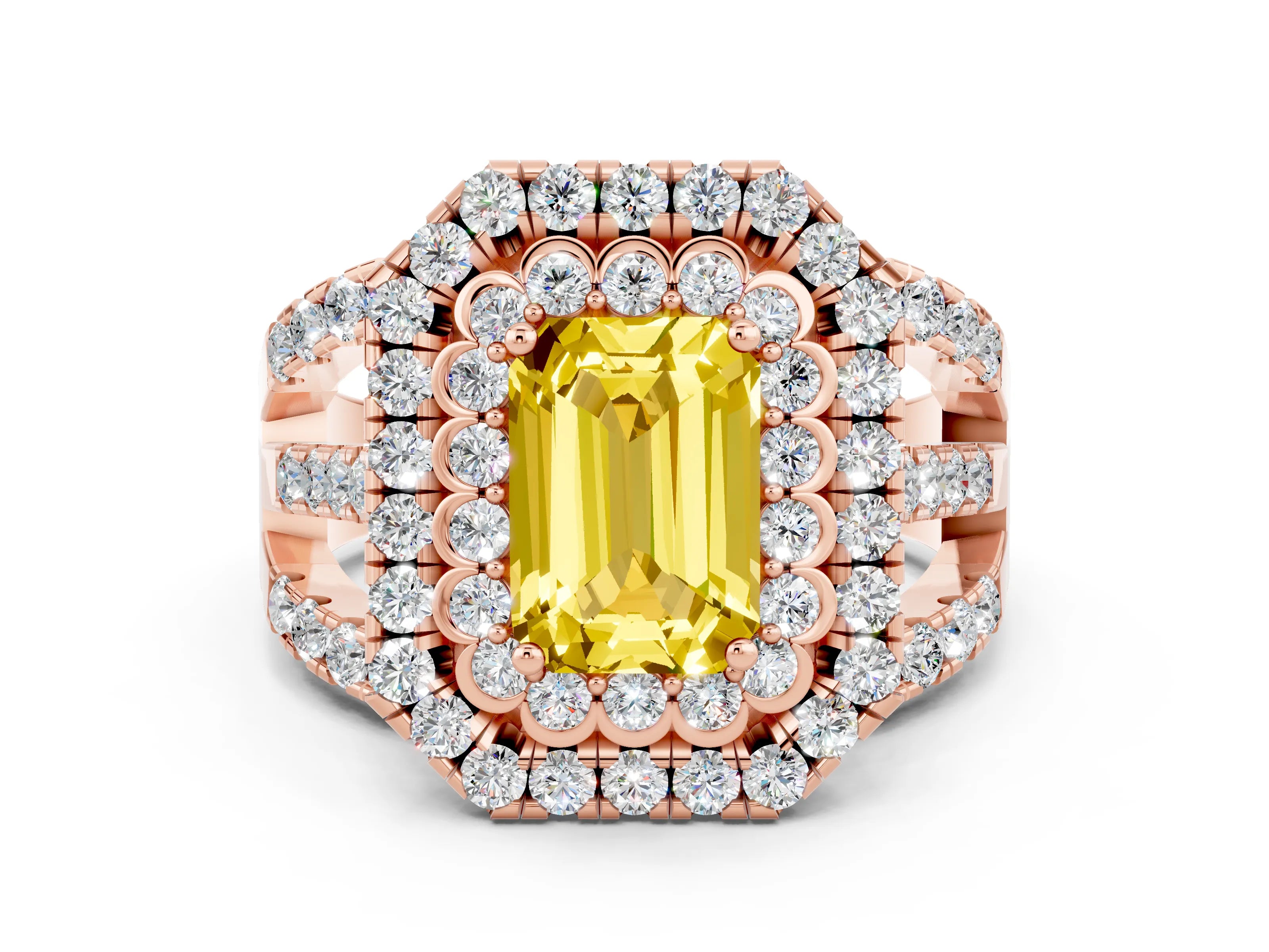 Rose gold Double Halo Emerald Cut Diamond Split Shank Pave Set Ring