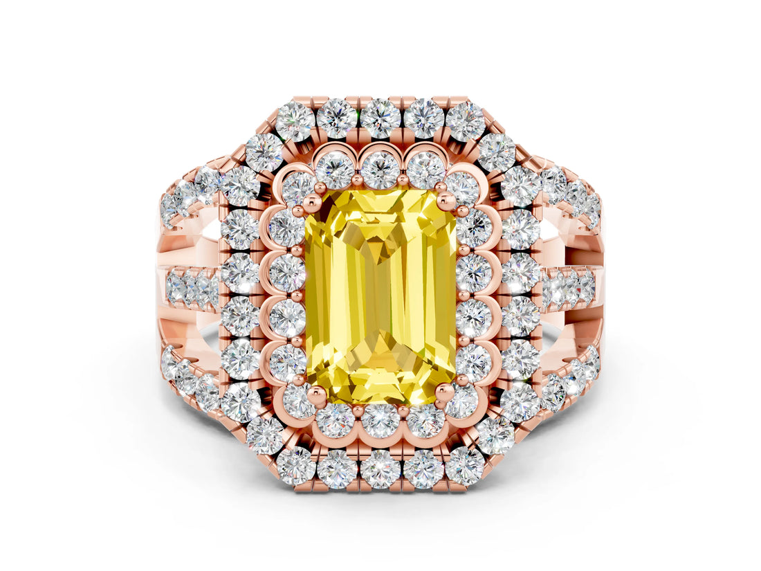 Rose gold Double Halo Emerald Cut Diamond Split Shank Pave Set Ring
